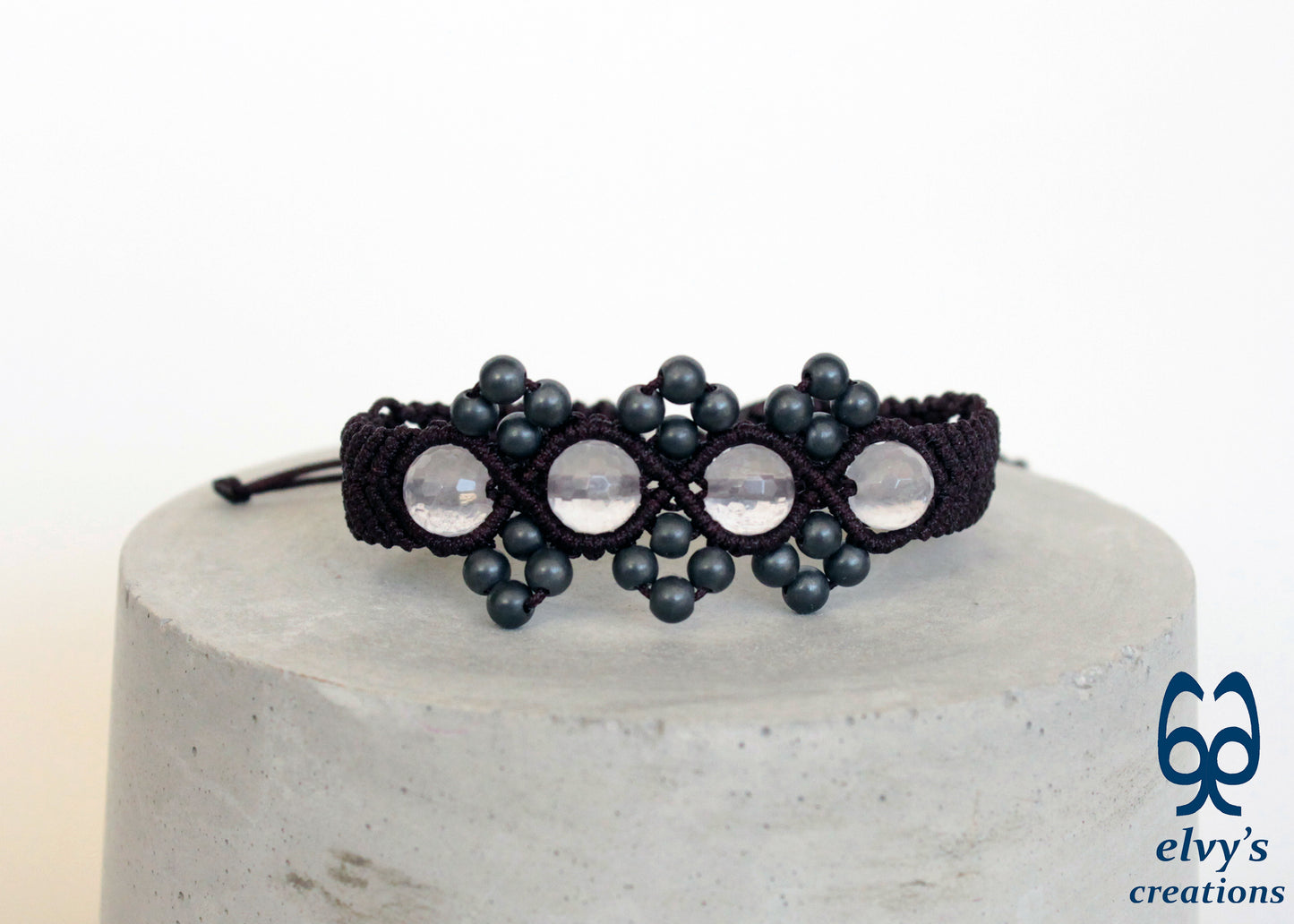 Brown Macrame Adjustable Cuff Bracelet with Pink Quartz and Dark Gray