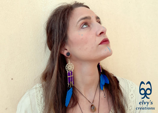 Purple Macrame Beaded Earrings, Hematite Gemstone Beads, Silver Dangle Earrings, Birthday Gift for Women