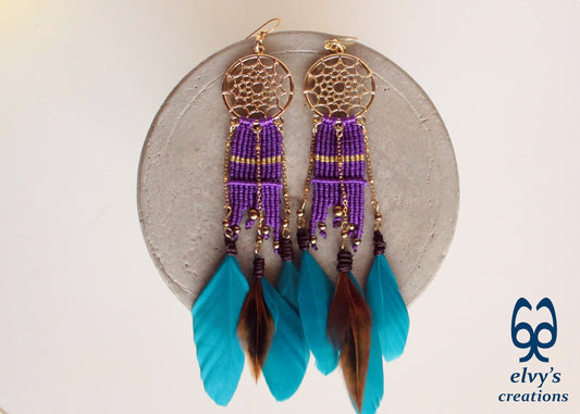 Purple Macrame Beaded Earrings, Hematite Gemstone Beads, Silver Dangle Earrings, Birthday Gift for Women