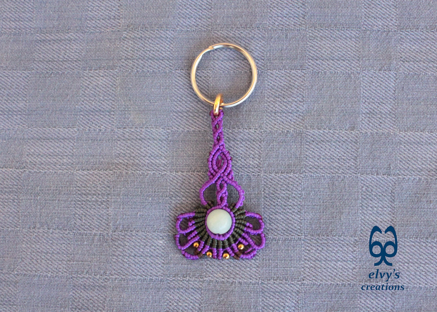 Purple Macrame Key Chain with Aventurine Crystal Green Housewarming Gift with Hematite Gemstones