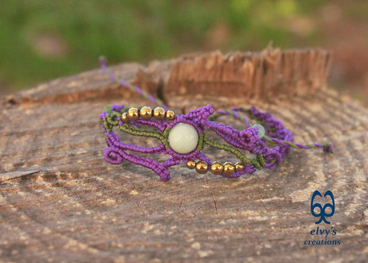 Purple and Green Macrame Bracelet with Aventurine and Hematite Gemstones