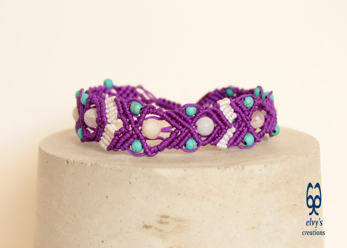 Purple and White Macrame Beaded Cuff Anklet with Turquoise Gemstones and Crystal Quartz