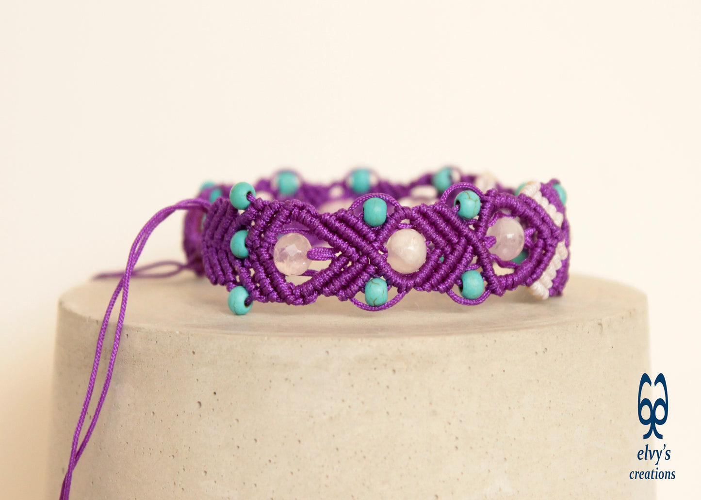 Purple and White Macrame Beaded Cuff Anklet with Turquoise Gemstones and Crystal Quartz