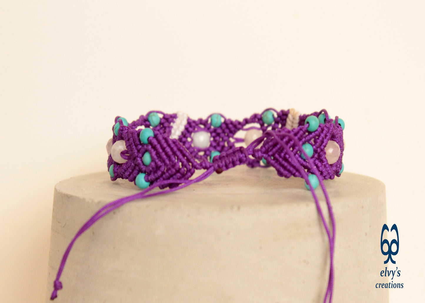 Purple and White Macrame Beaded Cuff Anklet with Turquoise Gemstones and Crystal Quartz