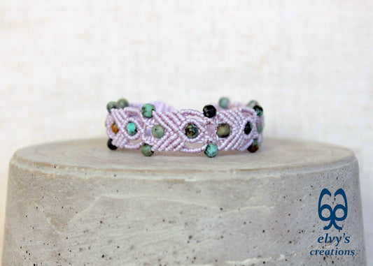 Turquoise Macrame Bracelet, Gemstone Beaded Cuff, Unique Birthday Gift for Women or Men