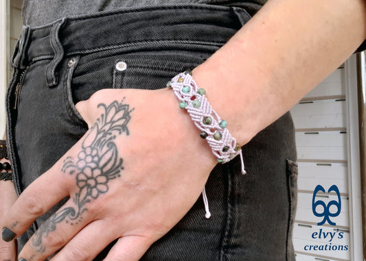 Turquoise Macrame Bracelet, Gemstone Beaded Cuff, Unique Birthday Gift for Women or Men