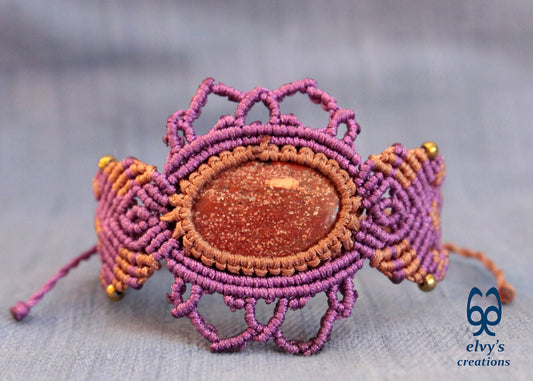 Purple Handmade Macrame Bracelet, Red Jasper Gemstone Beaded Cuff, Unique Birthday Gift for Women