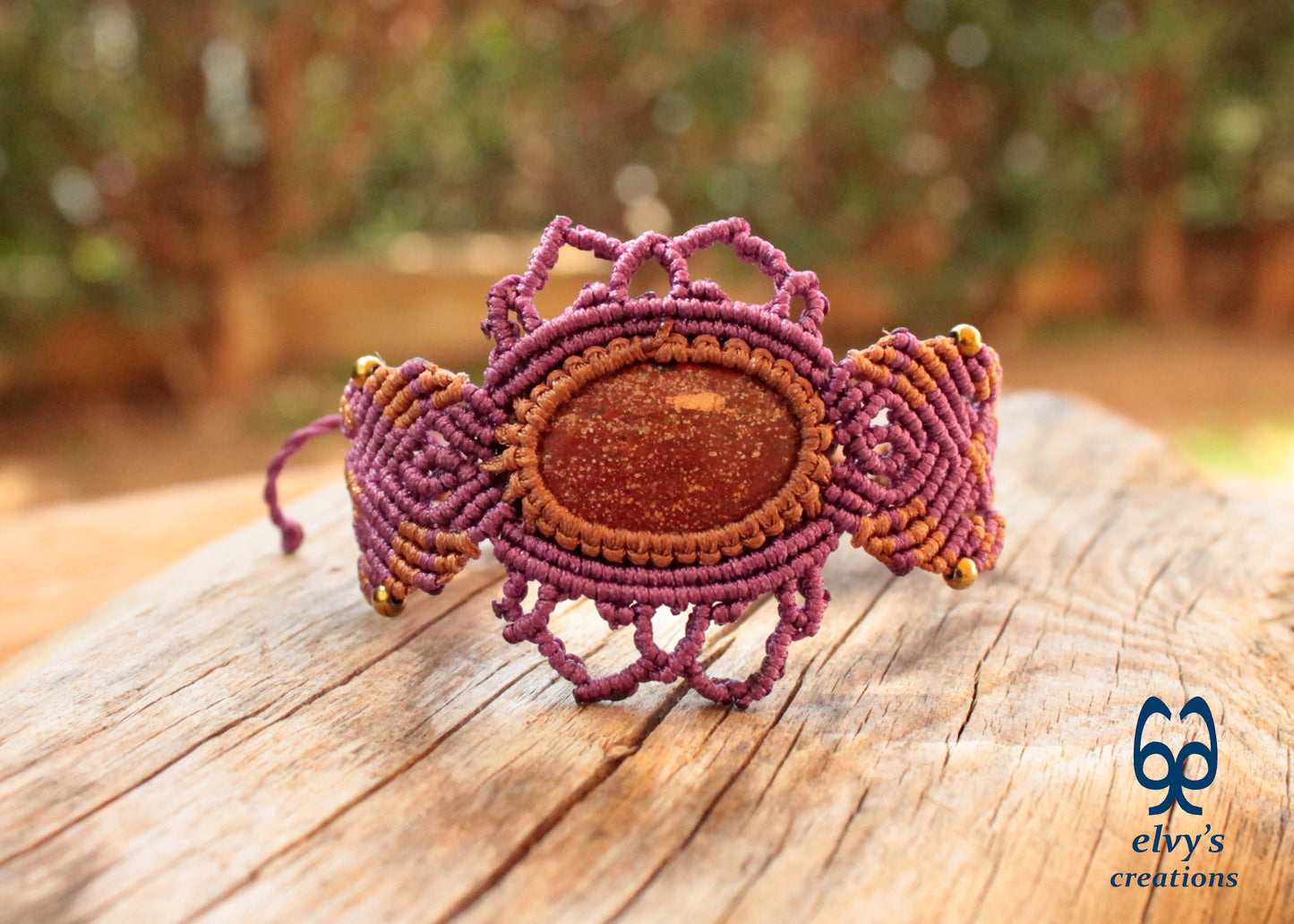 Purple Handmade Macrame Bracelet, Red Jasper Gemstone Beaded Cuff, Unique Birthday Gift for Women