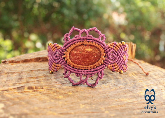 Purple Handmade Macrame Bracelet, Red Jasper Gemstone Beaded Cuff, Unique Birthday Gift for Women