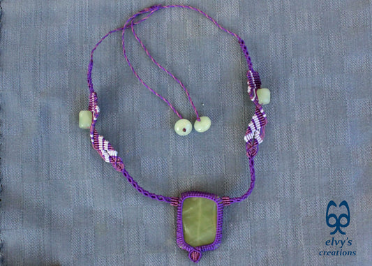 Handmade Purple Macrame Necklace with Lime Green Chalcedony Gemstones