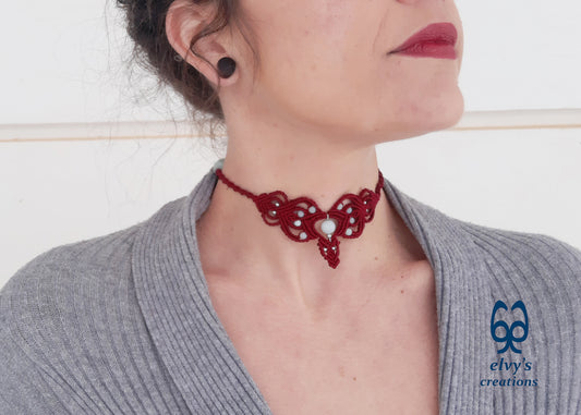 Red Macrame Choker Moonstone Lace Necklace Macrame Adjustable Choker Amazonite and Hematite Beaded Jewelry