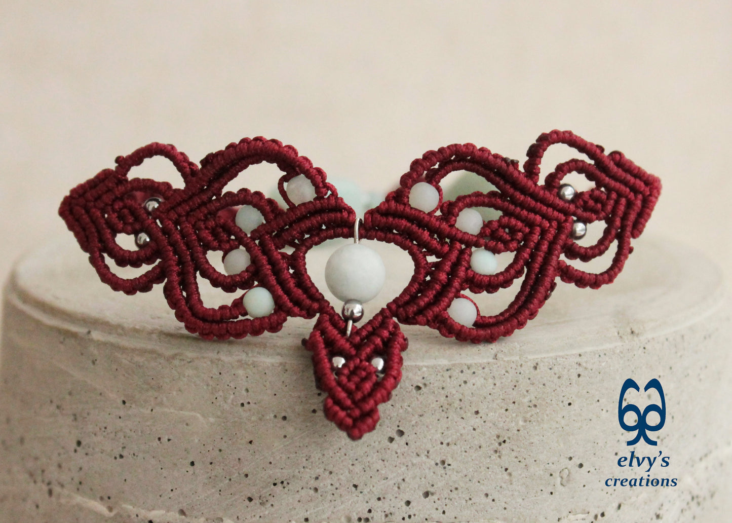 Red Macrame Choker Moonstone Lace Necklace Macrame Adjustable Choker Amazonite and Hematite Beaded Jewelry