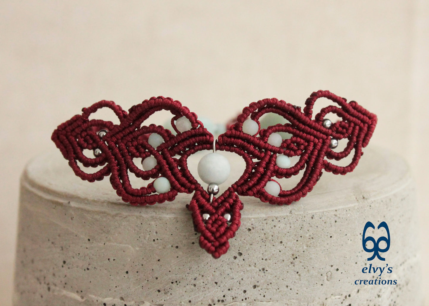 Red Macrame Choker Moonstone Lace Necklace Macrame Adjustable Choker Amazonite and Hematite Beaded Jewelry