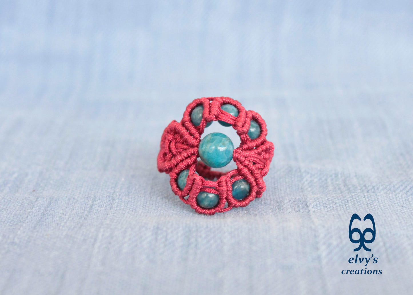 Red Macrame Ring Blue Apatite Gemstones Ring with Healing Gemstones Gift for Women