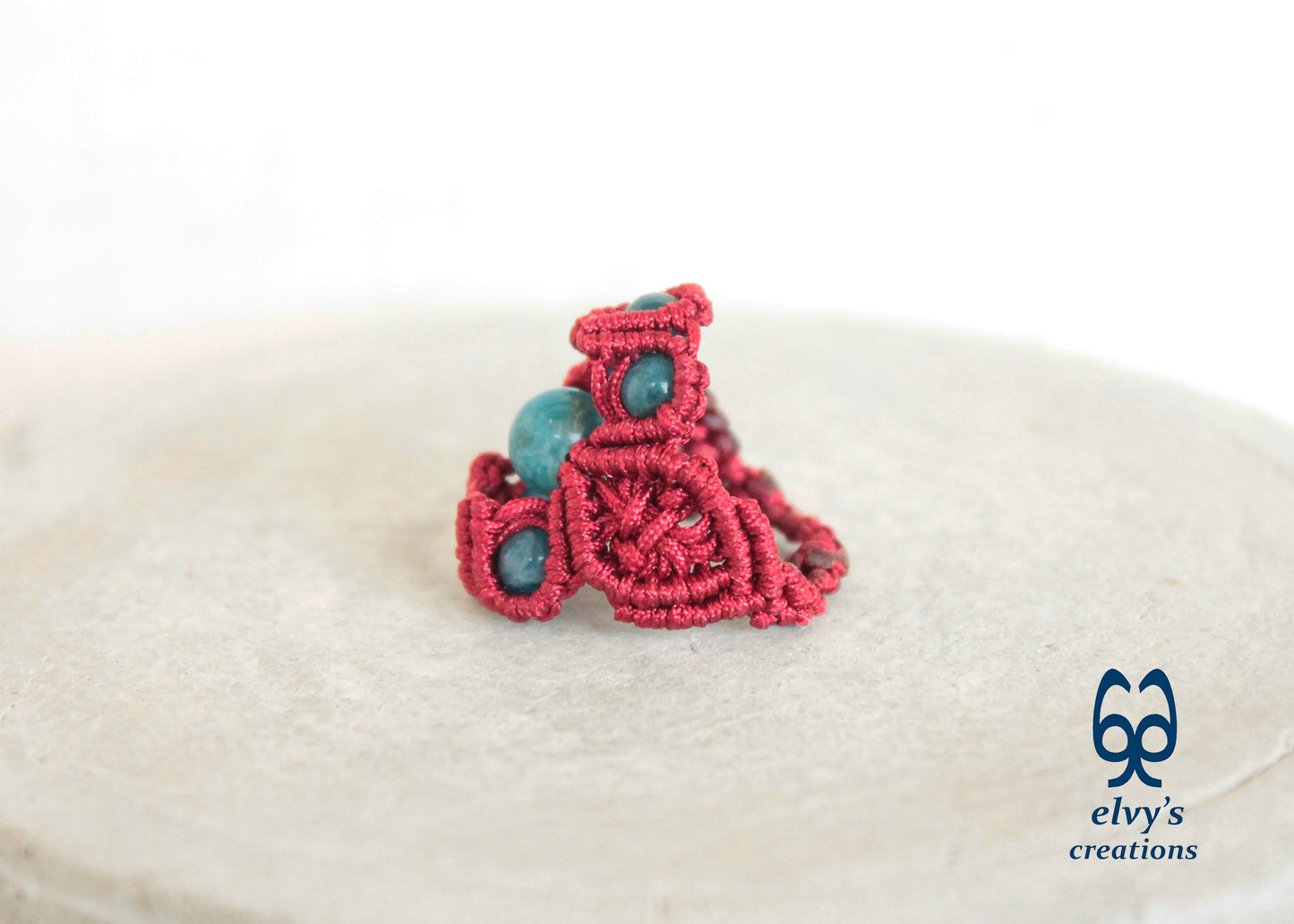 Red Macrame Ring Blue Apatite Gemstones Ring with Healing Gemstones Gift for Women