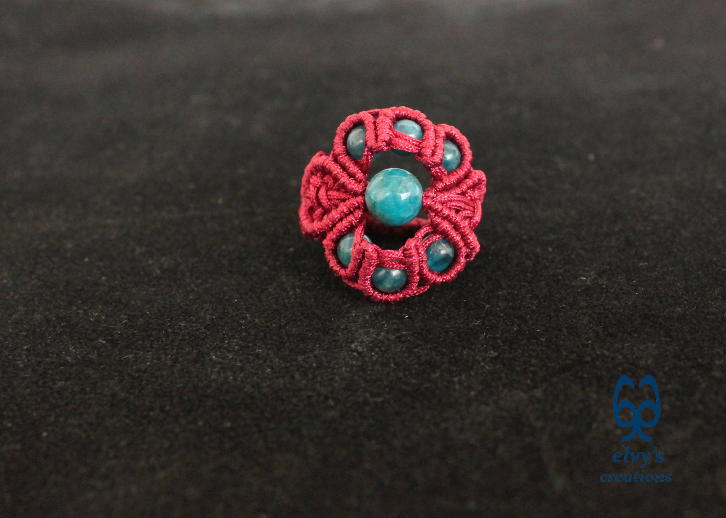 Red Macrame Ring Blue Apatite Gemstones Ring with Healing Gemstones Gift for Women