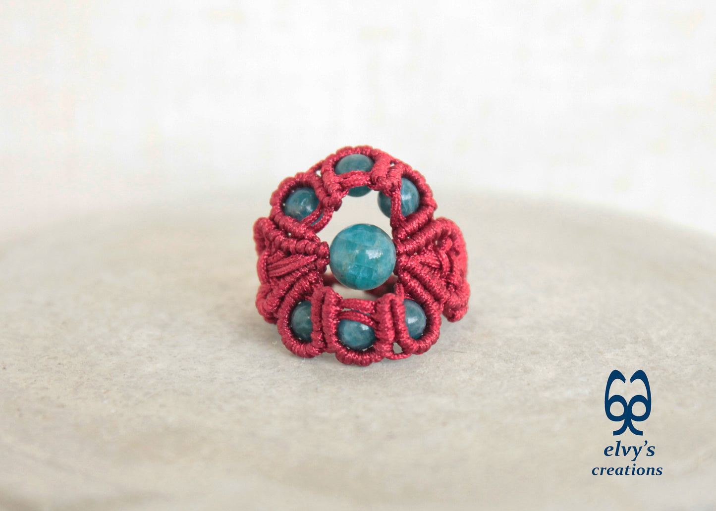 Red Macrame Ring Blue Apatite Gemstones Ring with Healing Gemstones Gift for Women