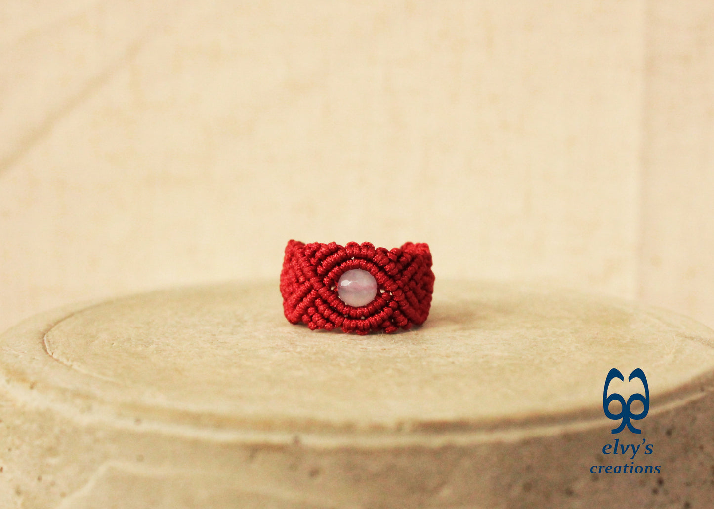 Red Macrame Ring with Purple Chalcedony Gemstone Unique Birthday Gift