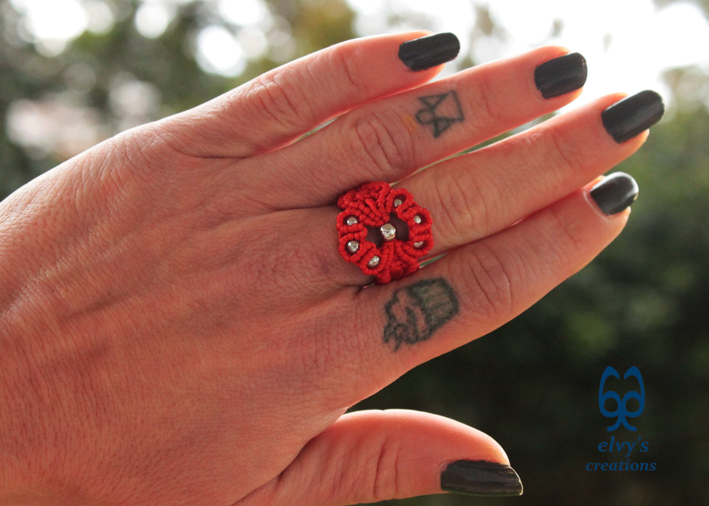 Red Macrame Ring with Hematite Gemstones