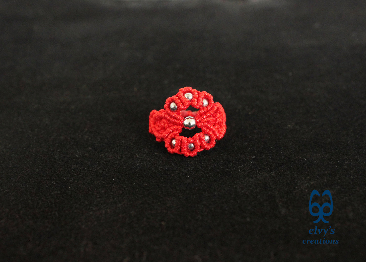 Red Macrame Ring with Hematite Gemstones