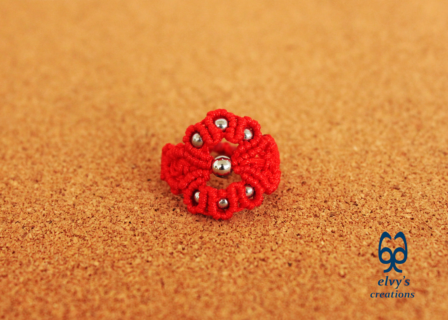 Red Macrame Ring with Hematite Gemstones