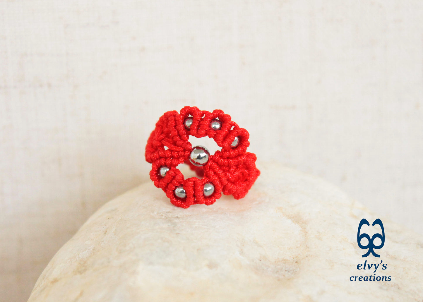Red Macrame Ring with Hematite Gemstones