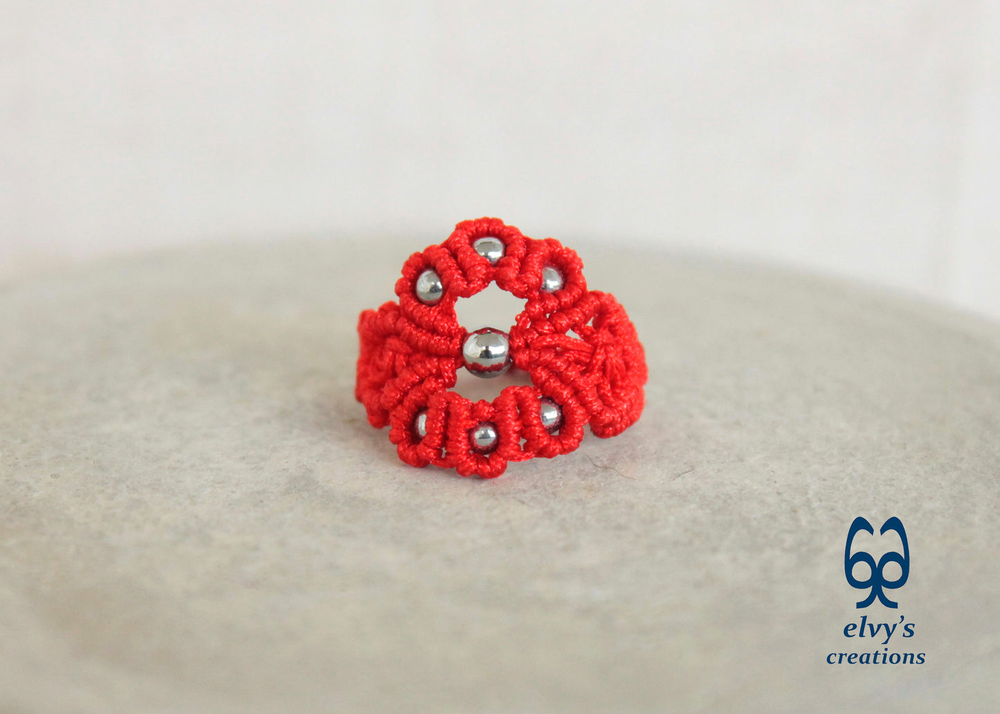 Red Macrame Ring with Hematite Gemstones