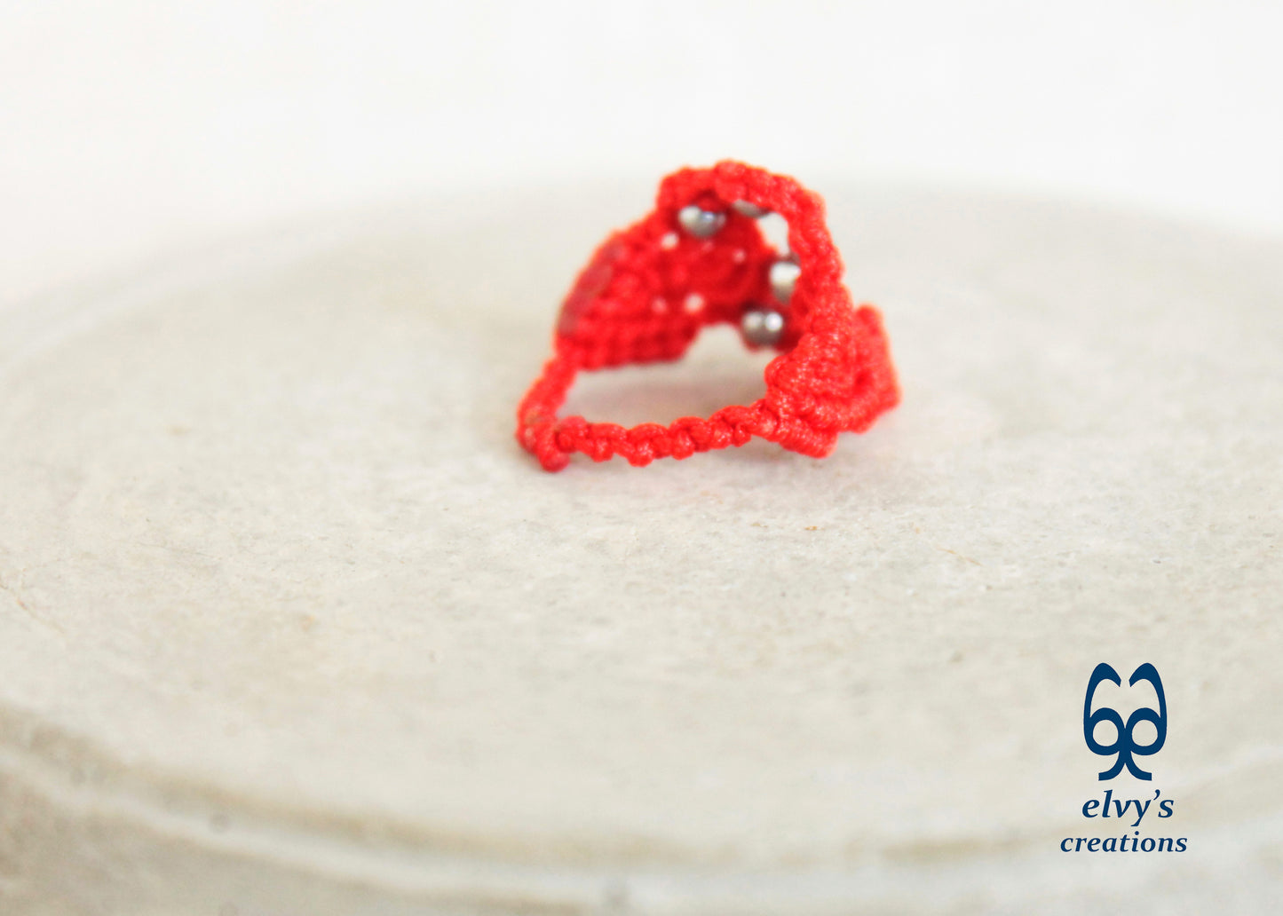 Red Macrame Ring with Hematite Gemstones