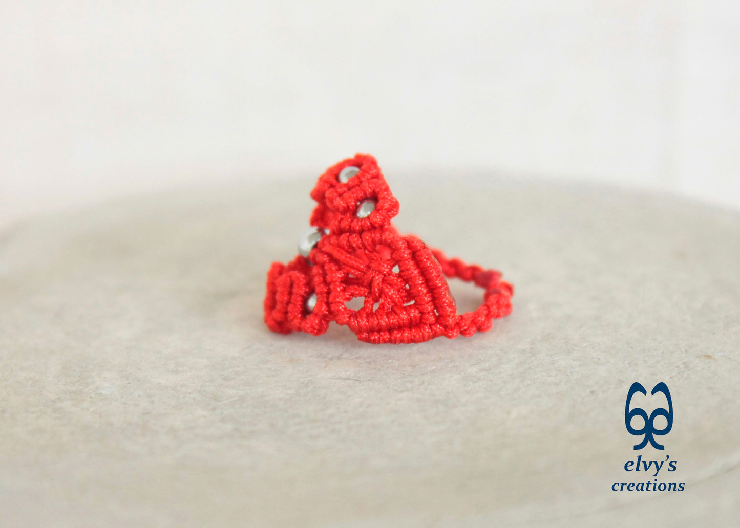 Red Macrame Ring with Hematite Gemstones
