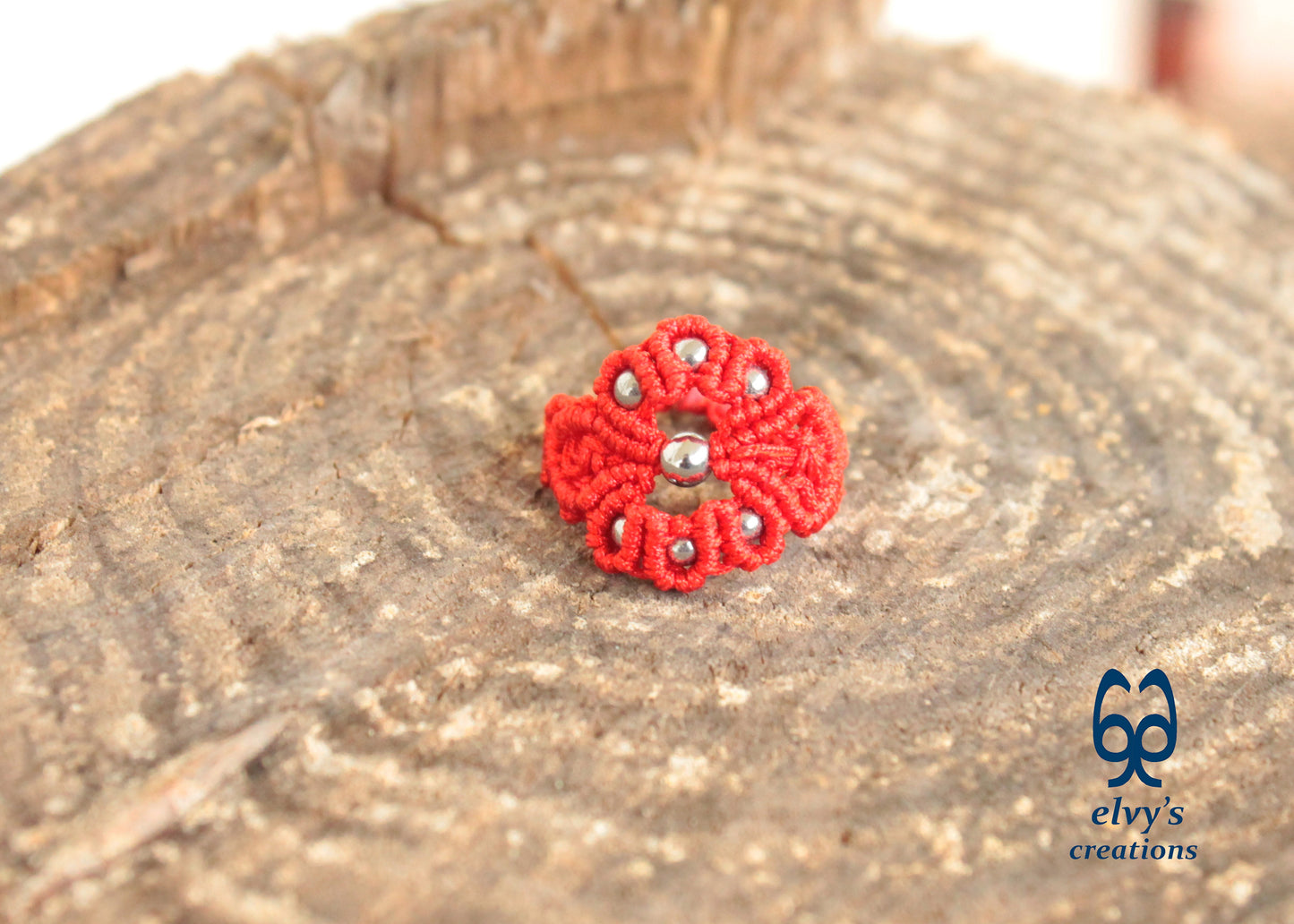 Red Macrame Ring with Hematite Gemstones