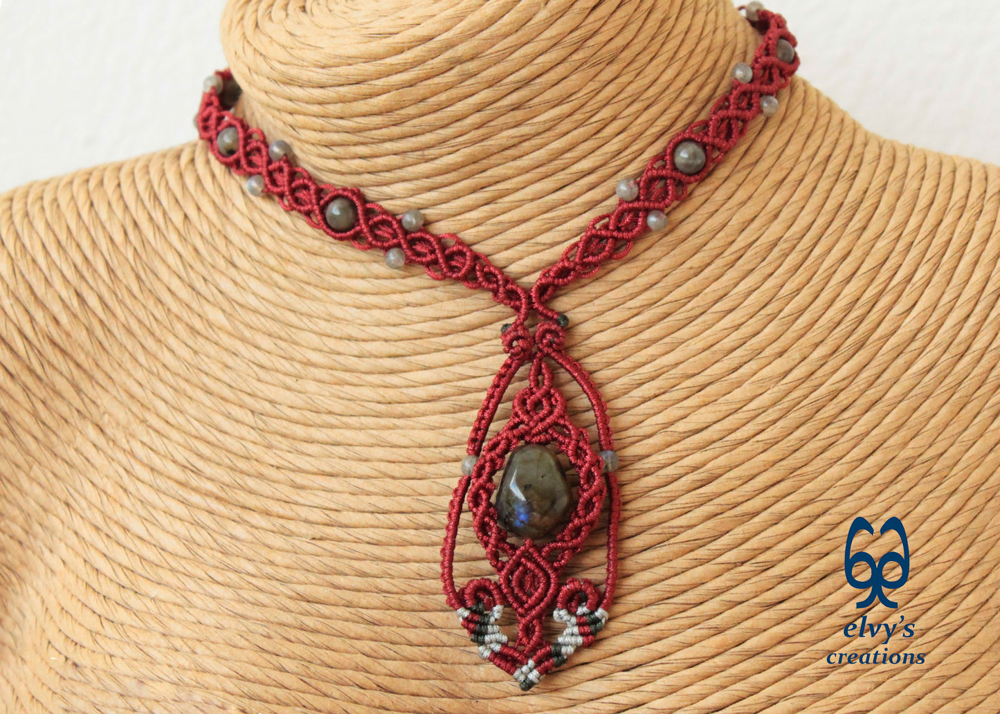 Labradorite Beaded Necklace, Gemstone Macrame Choker, Unique Birthday Gift for Women or Men