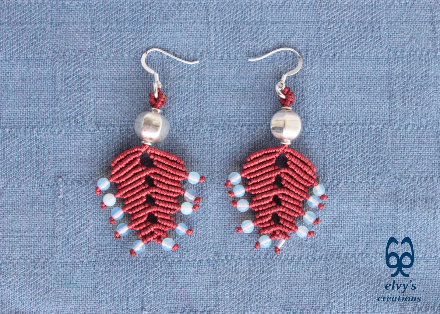 Red Macrame Earrings with Moonstones Lace Rainbow Moonstone Gemstones Boho Earrings