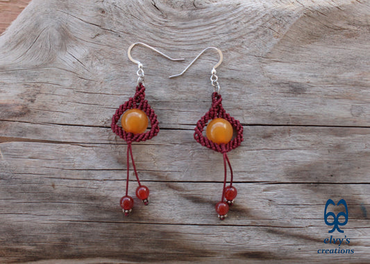 Red Macrame Beaded Earrings, Carnelian Gemstone Beads, Silver Dangle Earrings, Birthday Gift for Women