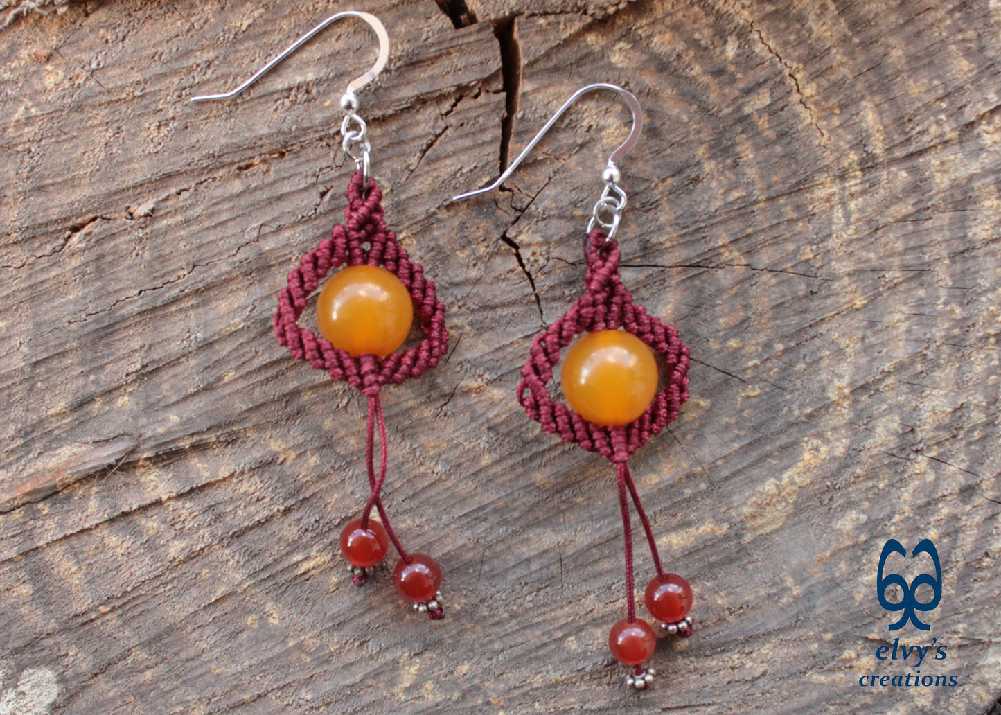 Red Macrame Beaded Earrings, Carnelian Gemstone Beads, Silver Dangle Earrings, Birthday Gift for Women
