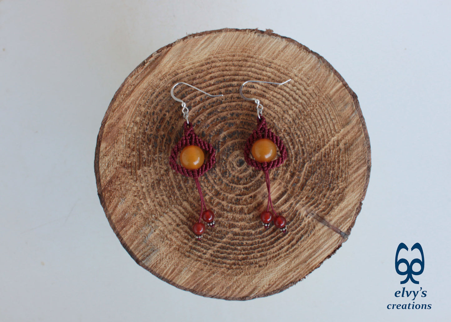 Red Macrame Beaded Earrings, Carnelian Gemstone Beads, Silver Dangle Earrings, Birthday Gift for Women