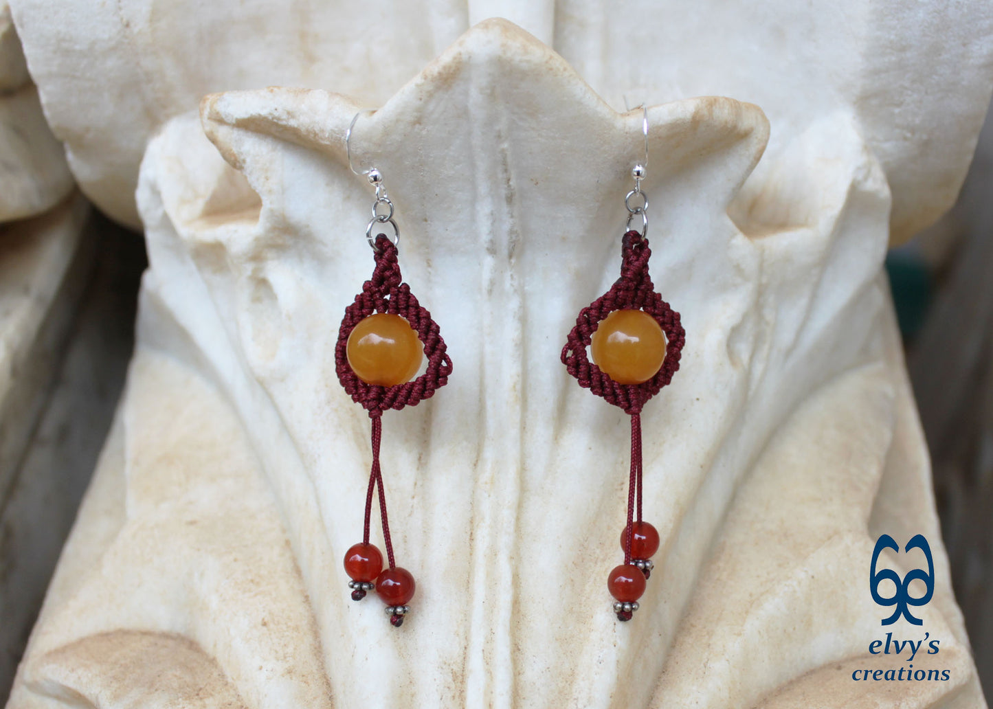 Red Macrame Beaded Earrings, Carnelian Gemstone Beads, Silver Dangle Earrings, Birthday Gift for Women