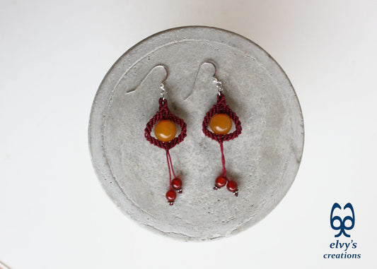 Red Macrame Beaded Earrings, Carnelian Gemstone Beads, Silver Dangle Earrings, Birthday Gift for Women