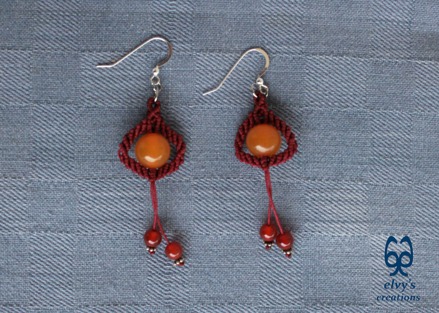 Red Macrame Beaded Earrings, Carnelian Gemstone Beads, Silver Dangle Earrings, Birthday Gift for Women