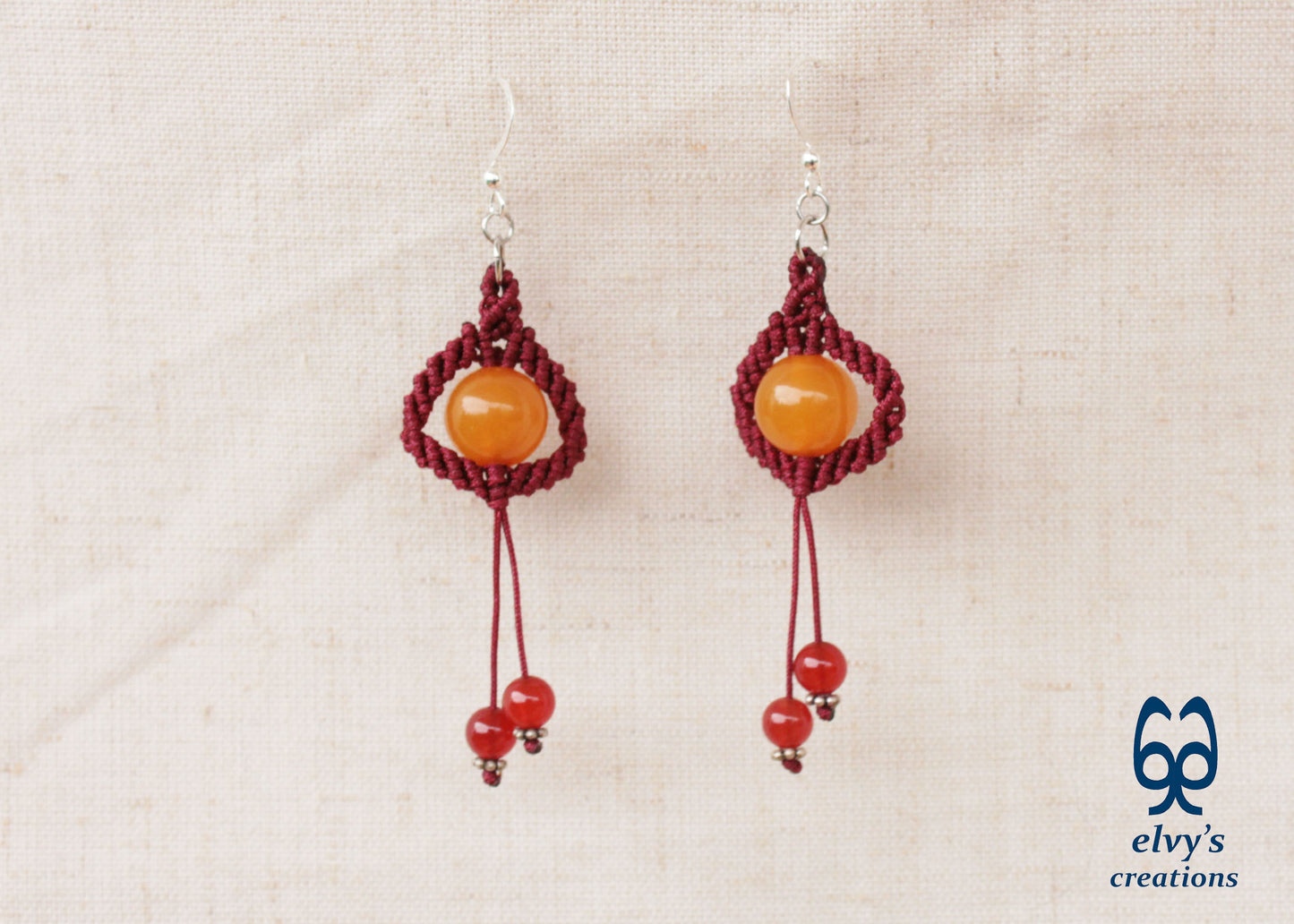 Red Macrame Beaded Earrings, Carnelian Gemstone Beads, Silver Dangle Earrings, Birthday Gift for Women