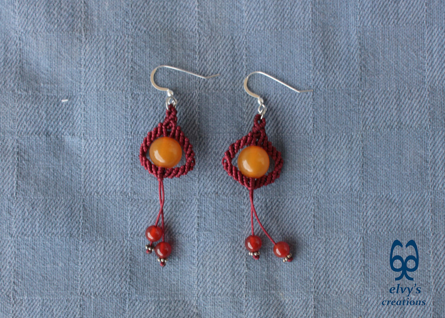 Red Macrame Beaded Earrings, Carnelian Gemstone Beads, Silver Dangle Earrings, Birthday Gift for Women