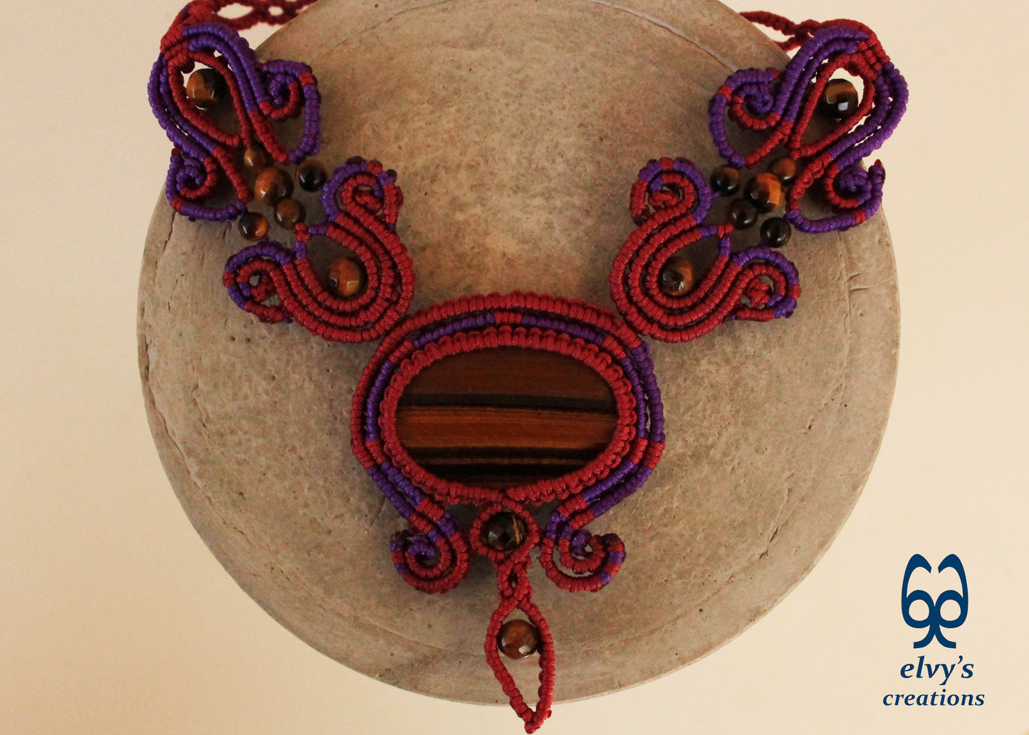 Red Macrame Necklace with Tiger Eye Gemstones Purple Adjustable Choker