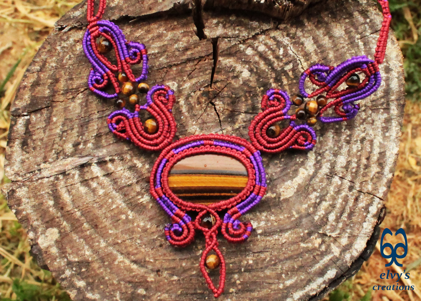 Red Macrame Necklace with Tiger Eye Gemstones Purple Adjustable Choker