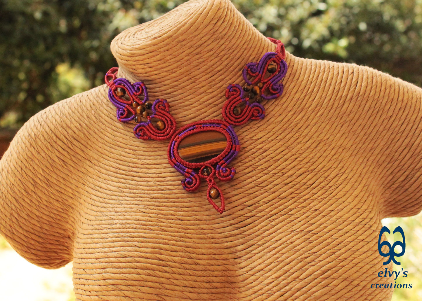 Red Macrame Necklace with Tiger Eye Gemstones Purple Adjustable Choker