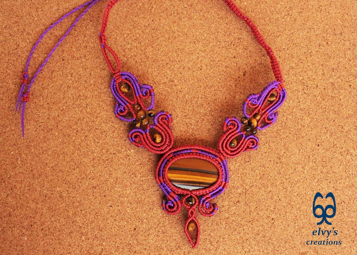Red Macrame Necklace with Tiger Eye Gemstones Purple Adjustable Choker