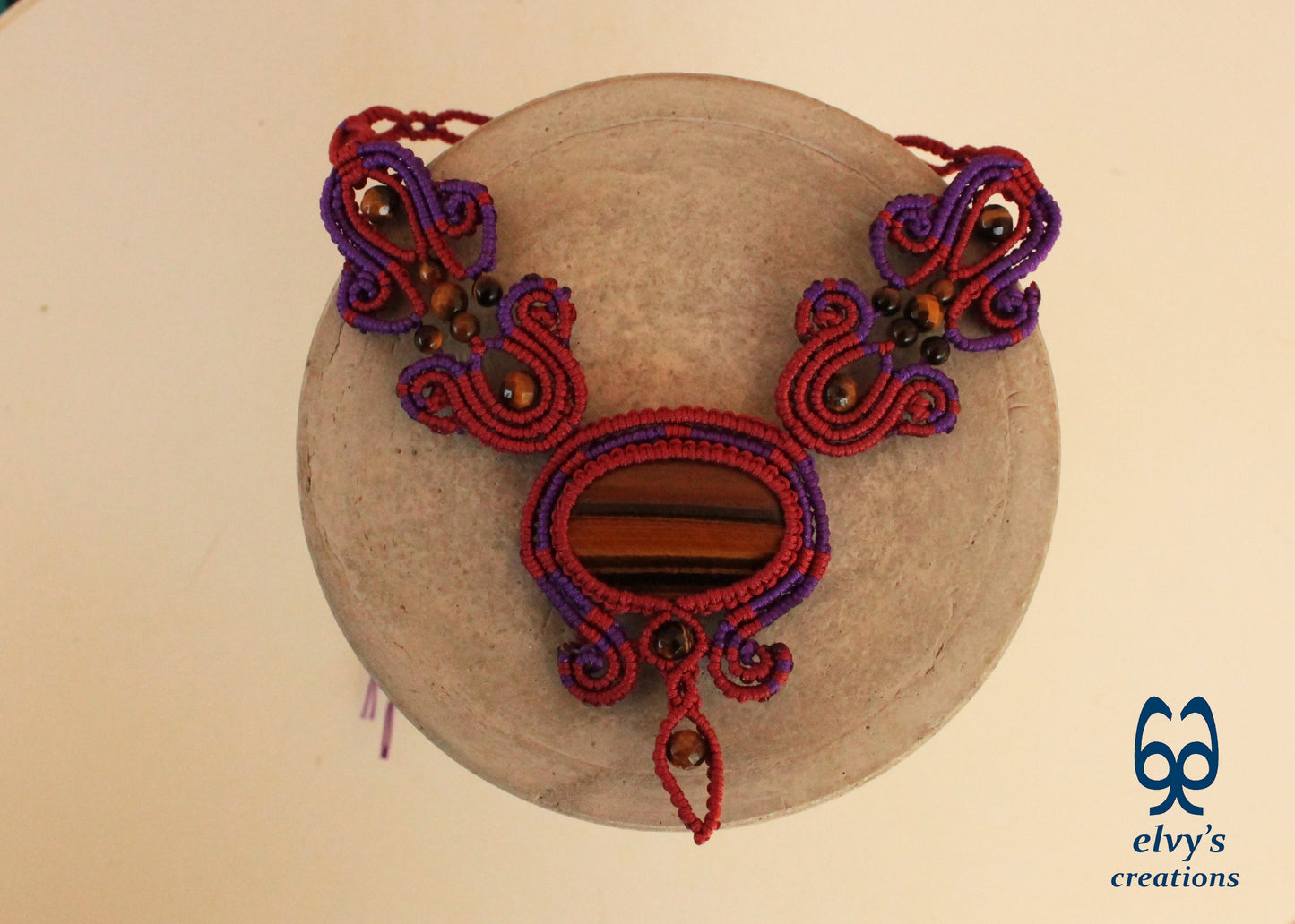 Red Macrame Necklace with Tiger Eye Gemstones Purple Adjustable Choker