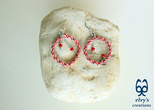 Handmade White and Red Macrame Earrings, Candy Cane Christmas Earrings, Dangle Gemstone Beads Earrings, Birthday Gift for Women