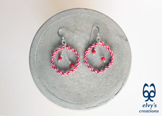 Handmade White and Red Macrame Earrings, Candy Cane Christmas Earrings, Dangle Gemstone Beads Earrings, Birthday Gift for Women