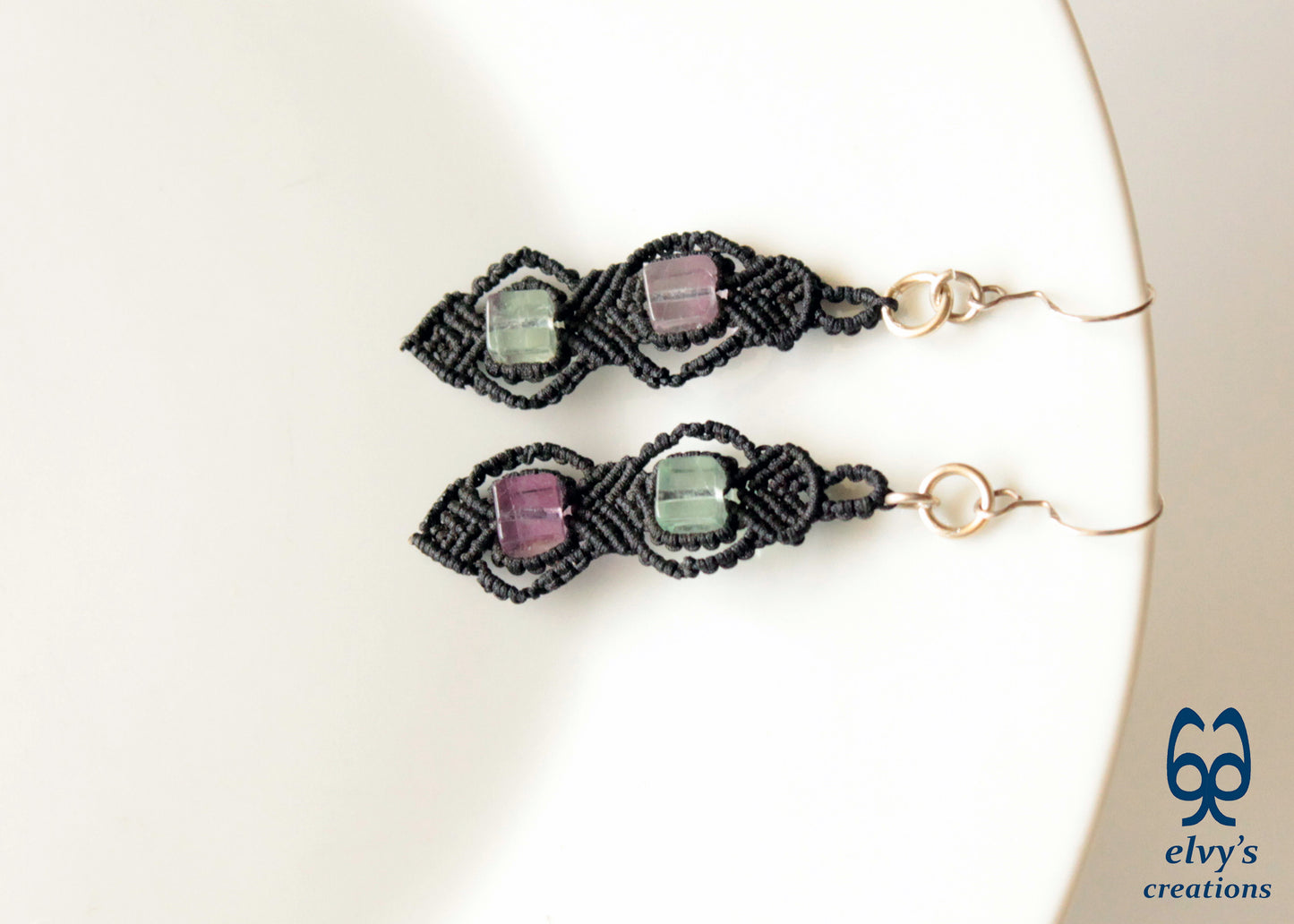 Handmade Silver Macrame Earrings,Fluorite Gemstone Beaded Earrings,Birthday Gift for Women