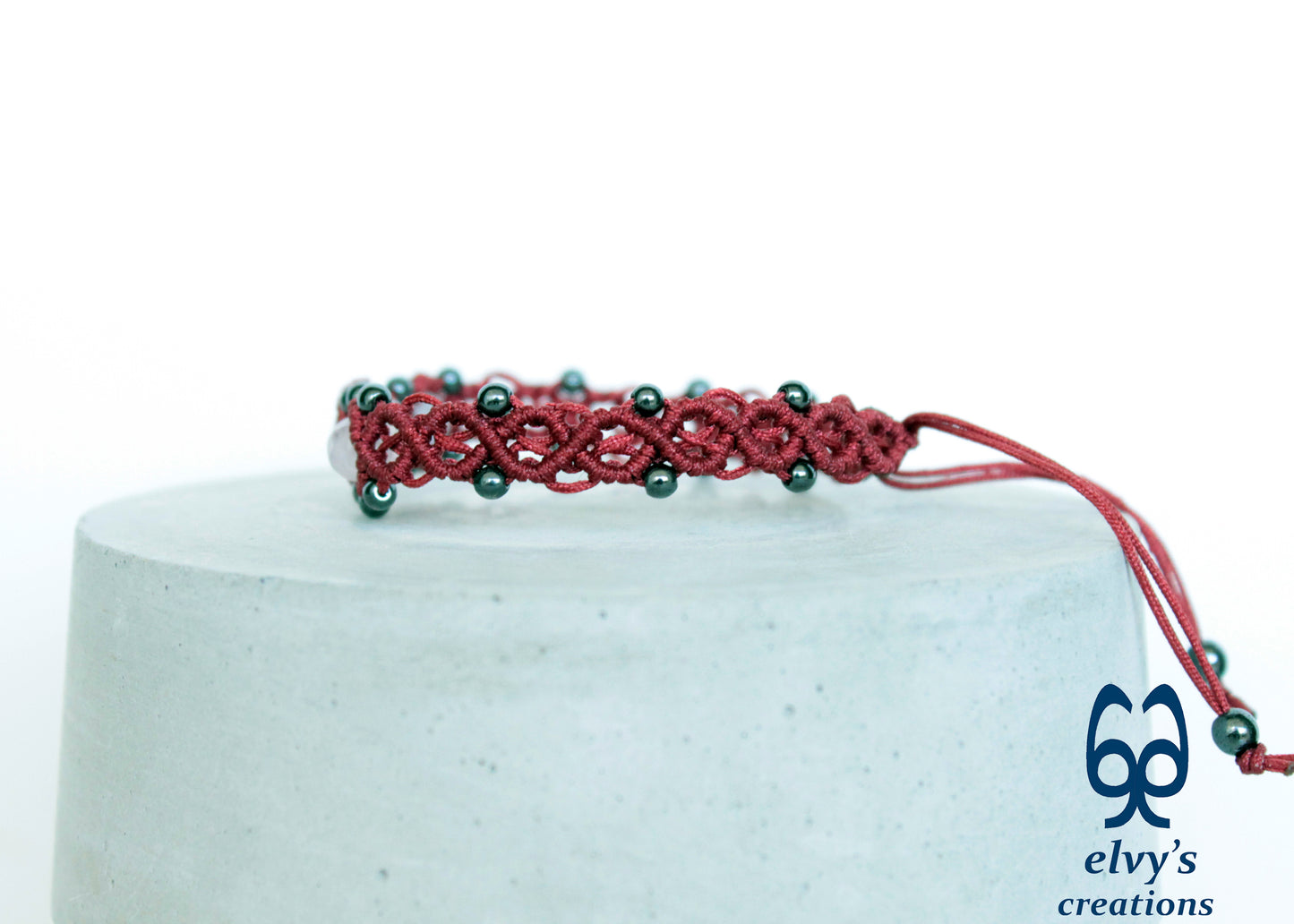 Blue Beaded Macrame Cuff Bracelet With White and Blue Quartz and Gray Hematite Gemstones Bracelet Gift for her