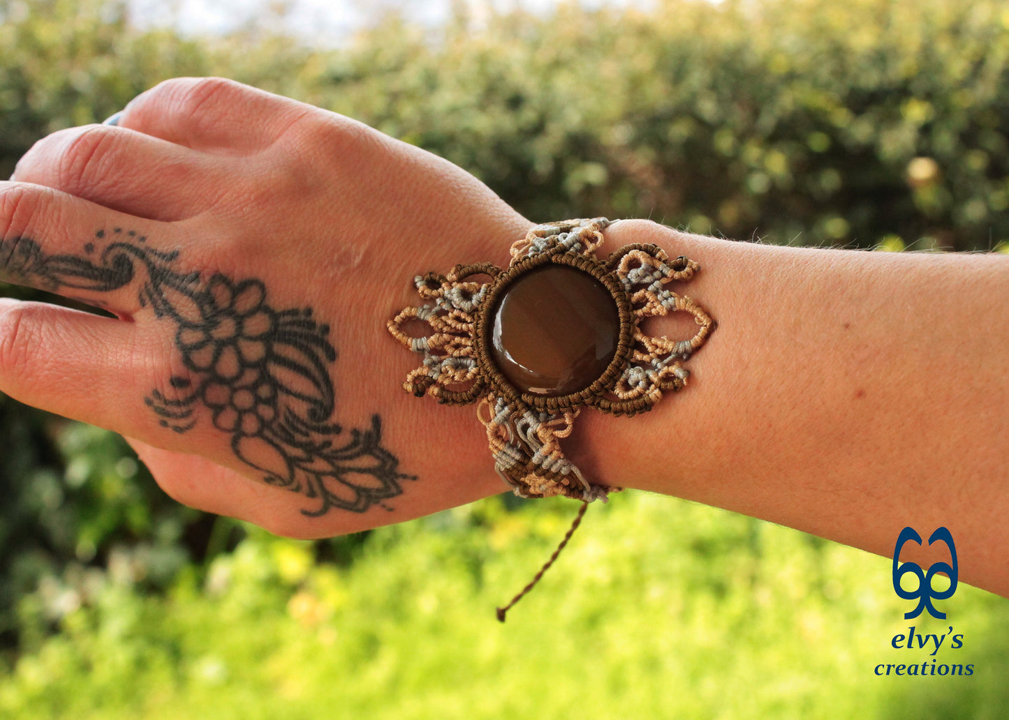Gold Macrame Bracelet with Carnelian Gemstone Mandala Adjustable Lace Bracelet